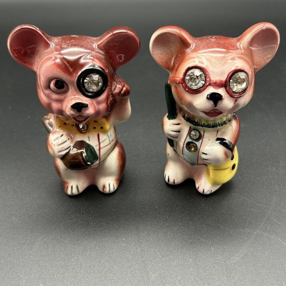 Vintage Lefton Mice Mouse Shakers Jeweled Couple Anthropomorphic Kitschy READ